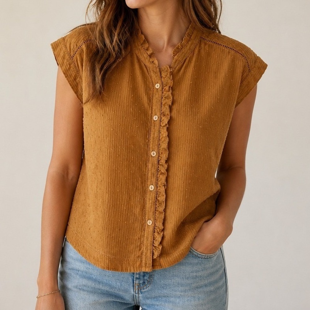 Anthropologie Pilcro Swiss Dot Ruffle Neck Blouse XS Orange Boho Top Buttons